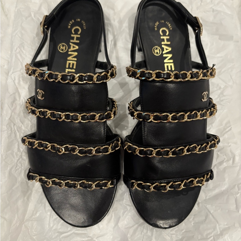 Chanel Black Leather Sandals with Gold Chains-Size 37C - Picture 2 of 12